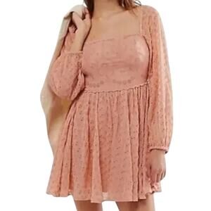 Free People Malina Mini Babydoll A-Line Eyelet Peach-Pink Boho Dress XL EUC